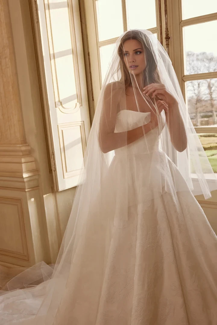 Floral Brocade A-Line Gown with Modern Seaming Wedding Dresses