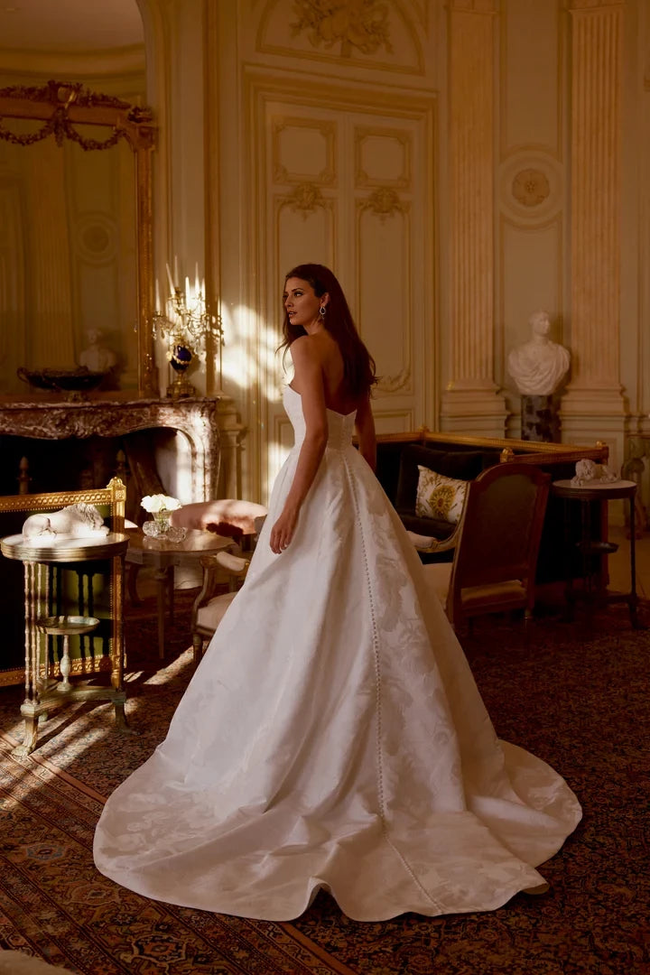 Floral Brocade A-Line Gown with Modern Seaming Wedding Dresses