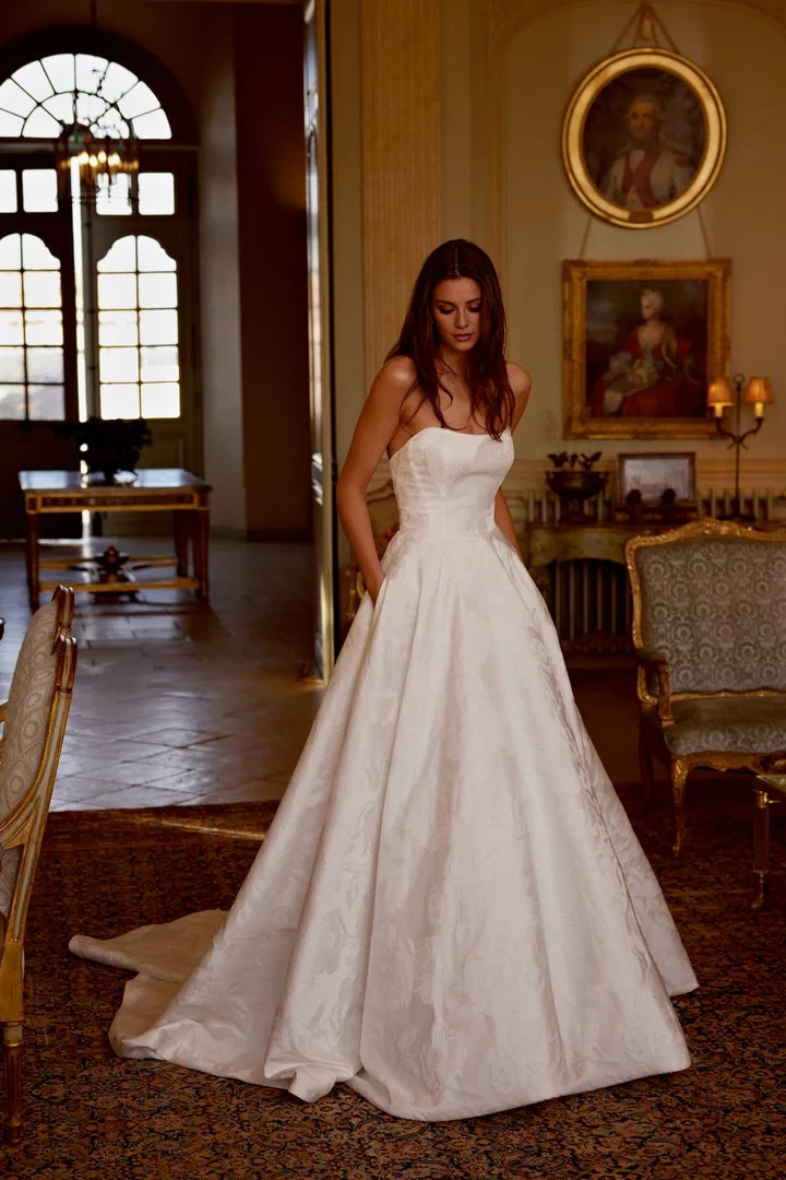Floral Brocade A-Line Gown with Modern Seaming Wedding Dresses