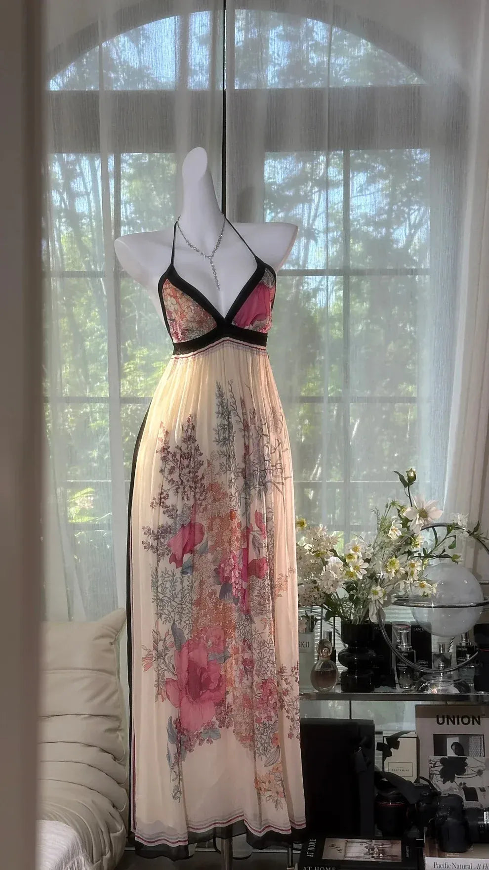 Floral Halter Maxi Dress – Open Back Chiffon Summer Gown
