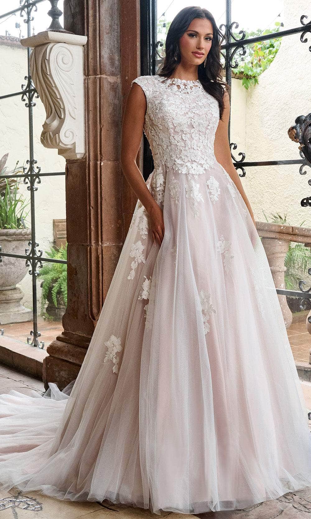 Floral Lace Cap Sleeve Ballgown Wedding Dresses