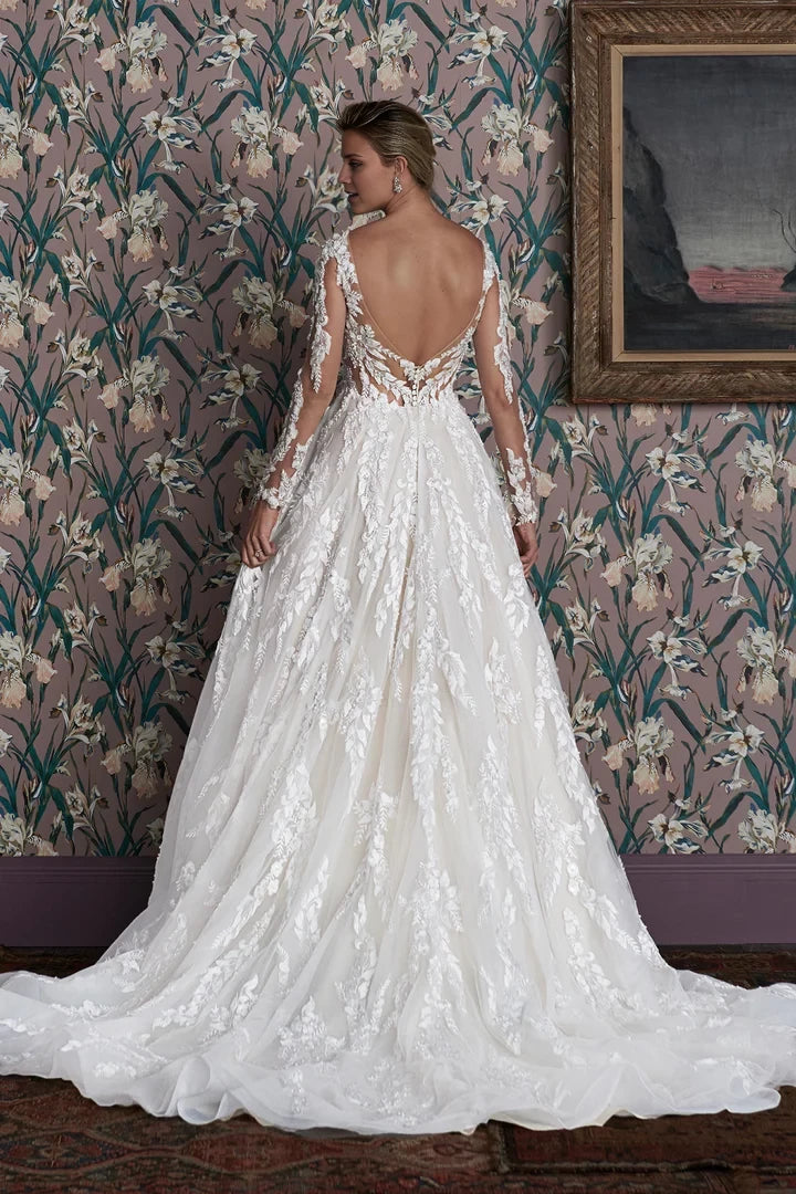 Floral Lace Gown with Long Sleeves and Deep V-Neck  Wedding Dresses
