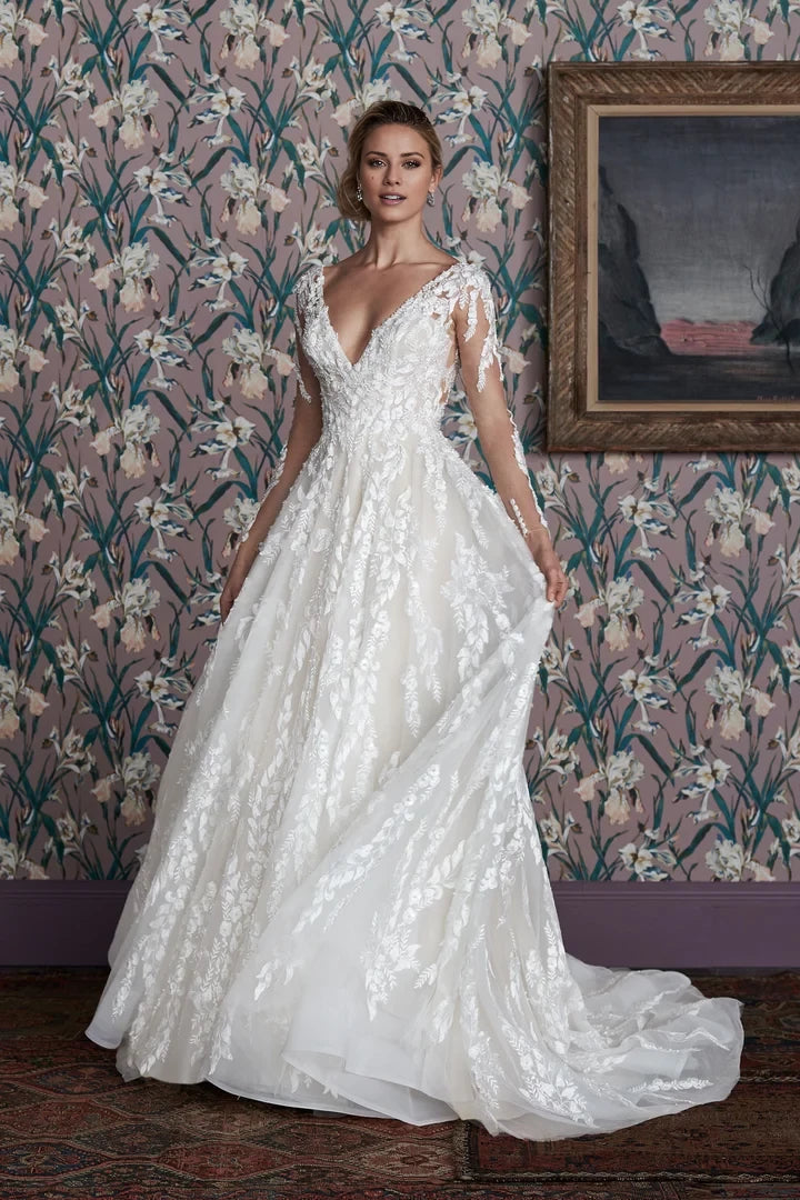 Floral Lace Gown with Long Sleeves and Deep V-Neck  Wedding Dresses