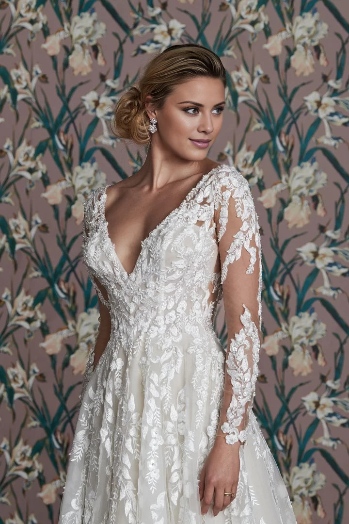 Floral Lace Gown with Long Sleeves and Deep V-Neck  Wedding Dresses