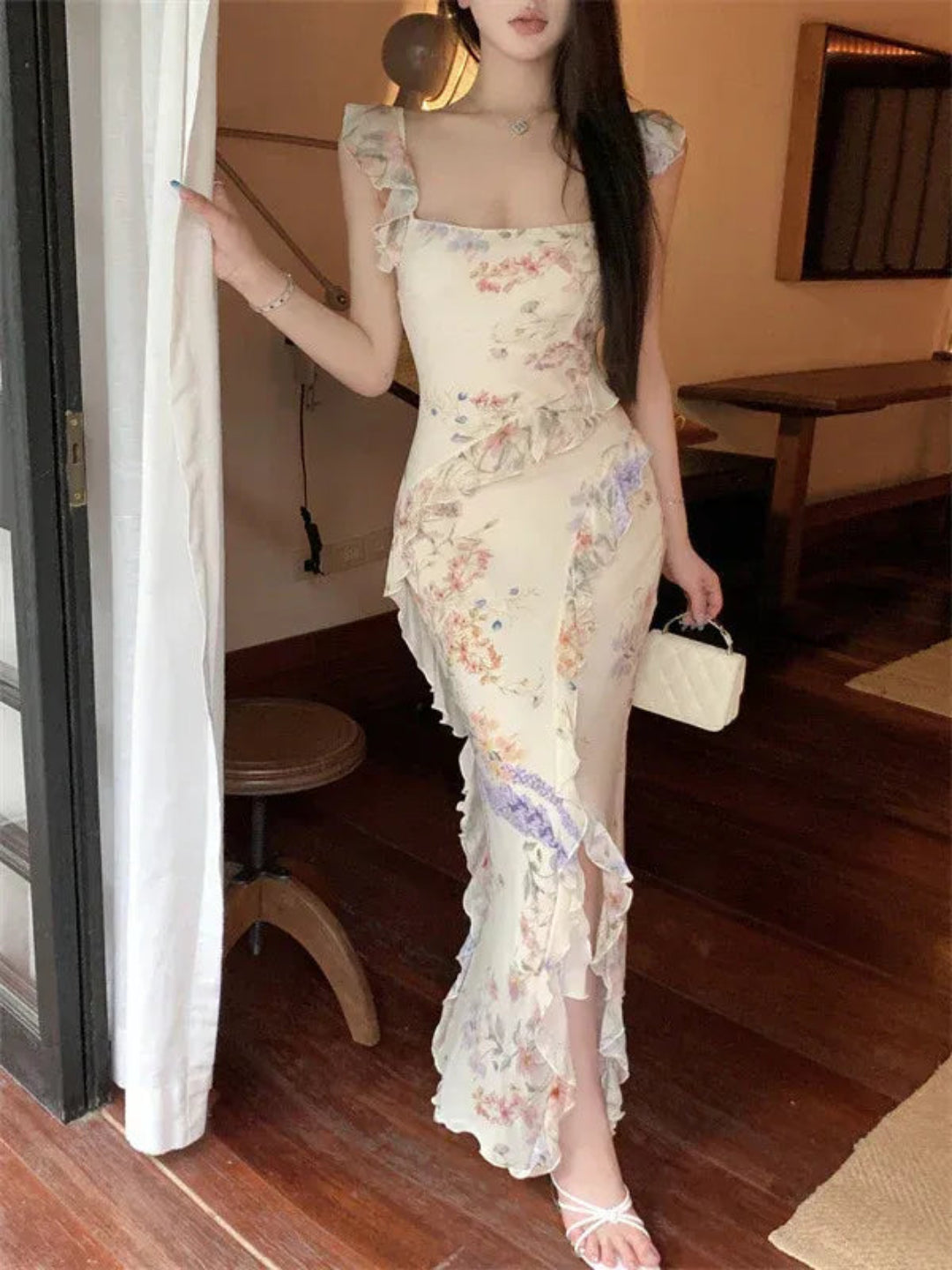 Floral Print Ruffle Trim Maxi Dress – Square Neck Bodycon Formal Evening Gown