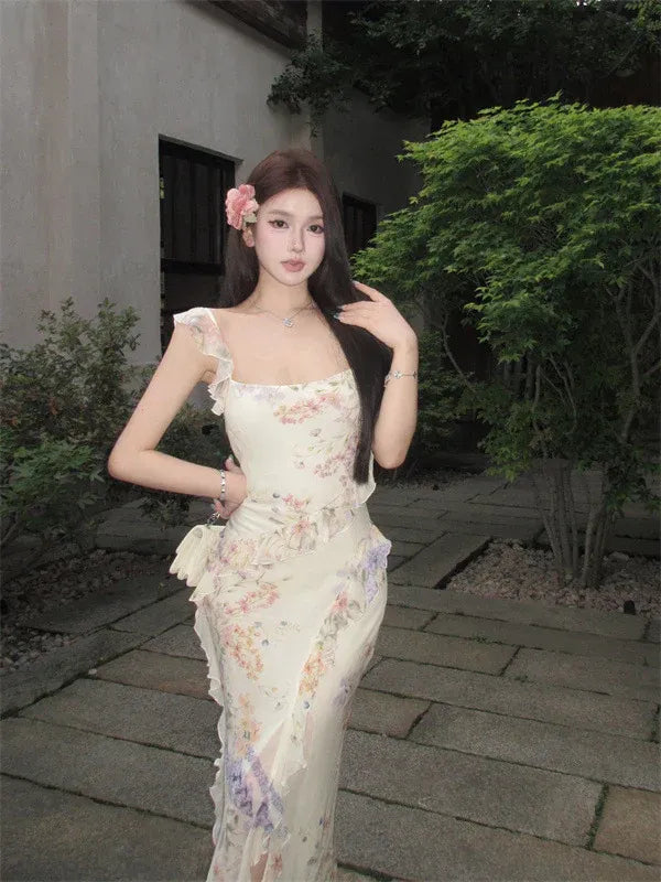 Floral Print Ruffle Trim Maxi Dress – Square Neck Bodycon Formal Evening Gown