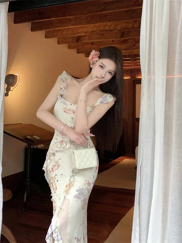 Floral Print Ruffle Trim Maxi Dress – Square Neck Bodycon Formal Evening Gown