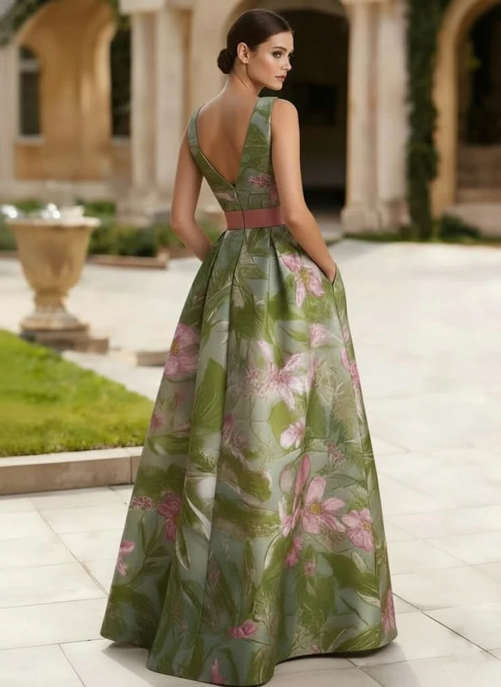 Floral Print Satin Evening Dress with V-Back, Contrast Waistband & A-Line Skirt