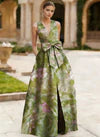Floral Print Satin Evening Dress with V-Back, Contrast Waistband & A-Line Skirt