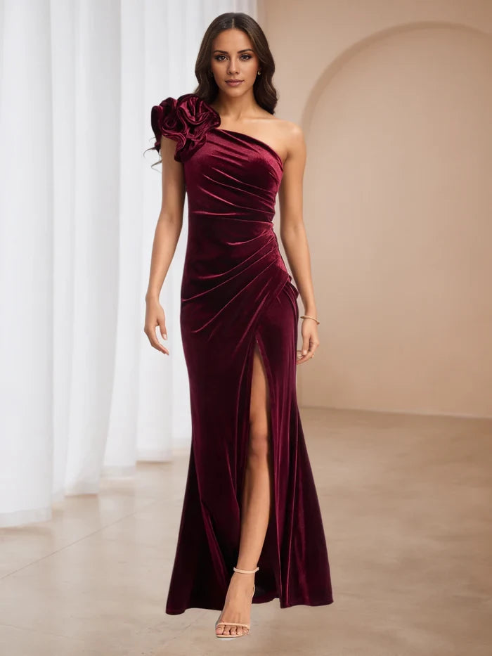 Flower Burgundy One Shoulder Prom Dresses