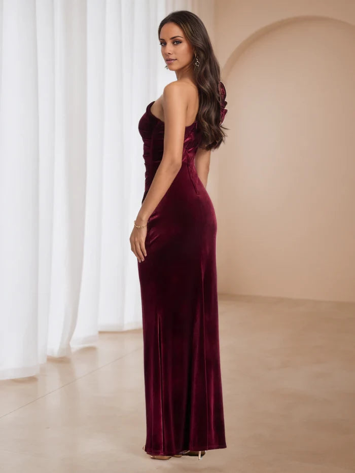 Flower Burgundy One Shoulder Prom Dresses