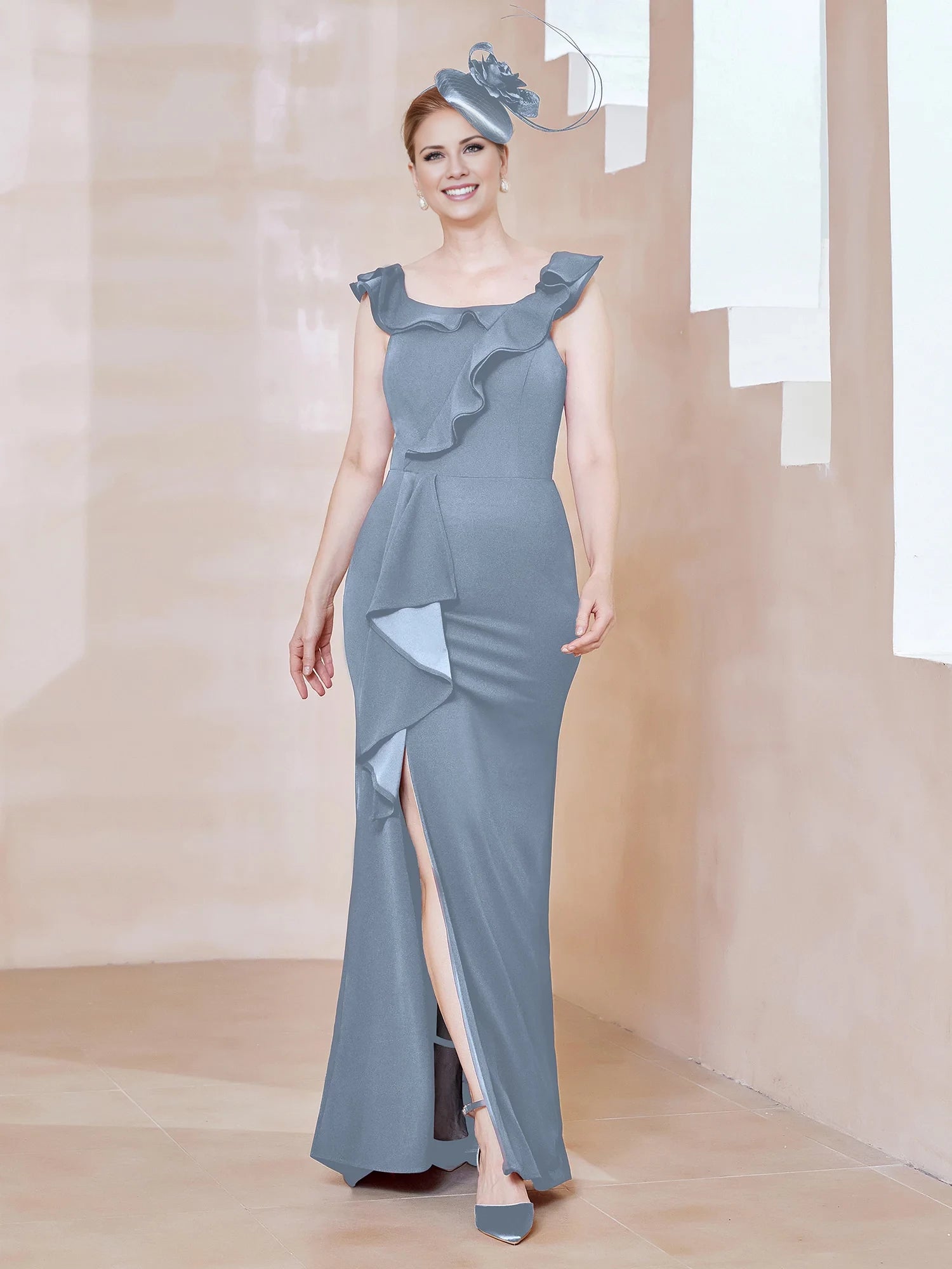 Flutter Sleeves Ruffle Sheath Dress With Slit Mother of the Bride Dresses
