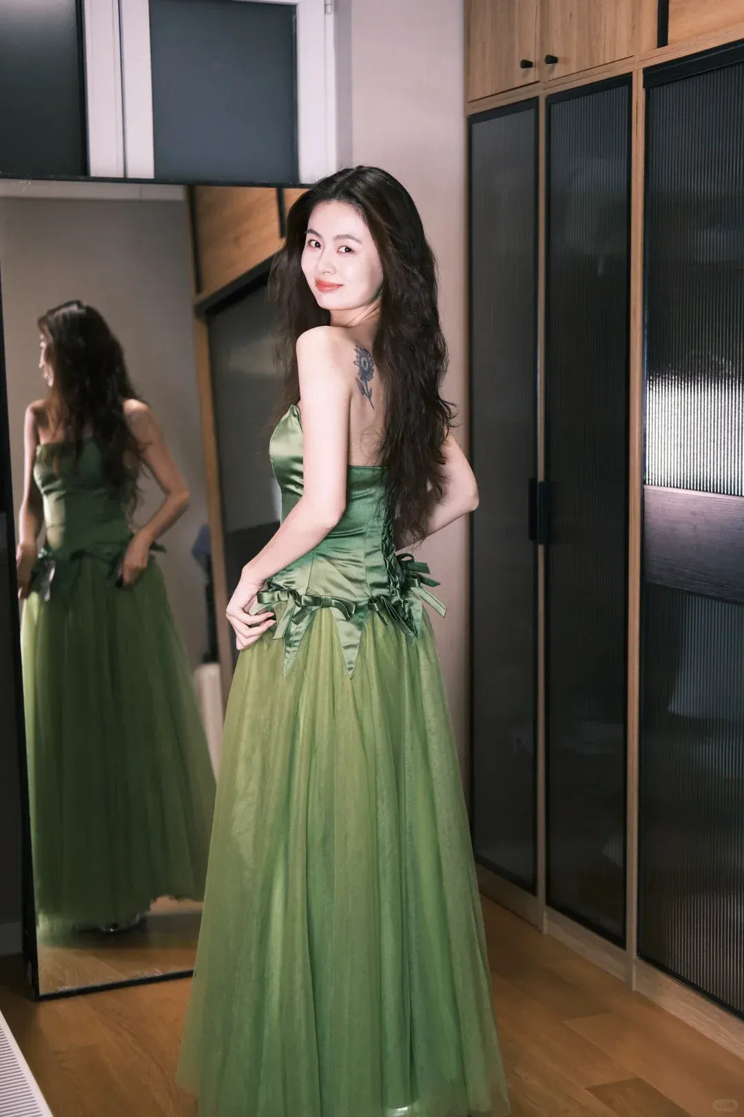 Forest Green Strapless Satin & Tulle Gown with Bow Accents