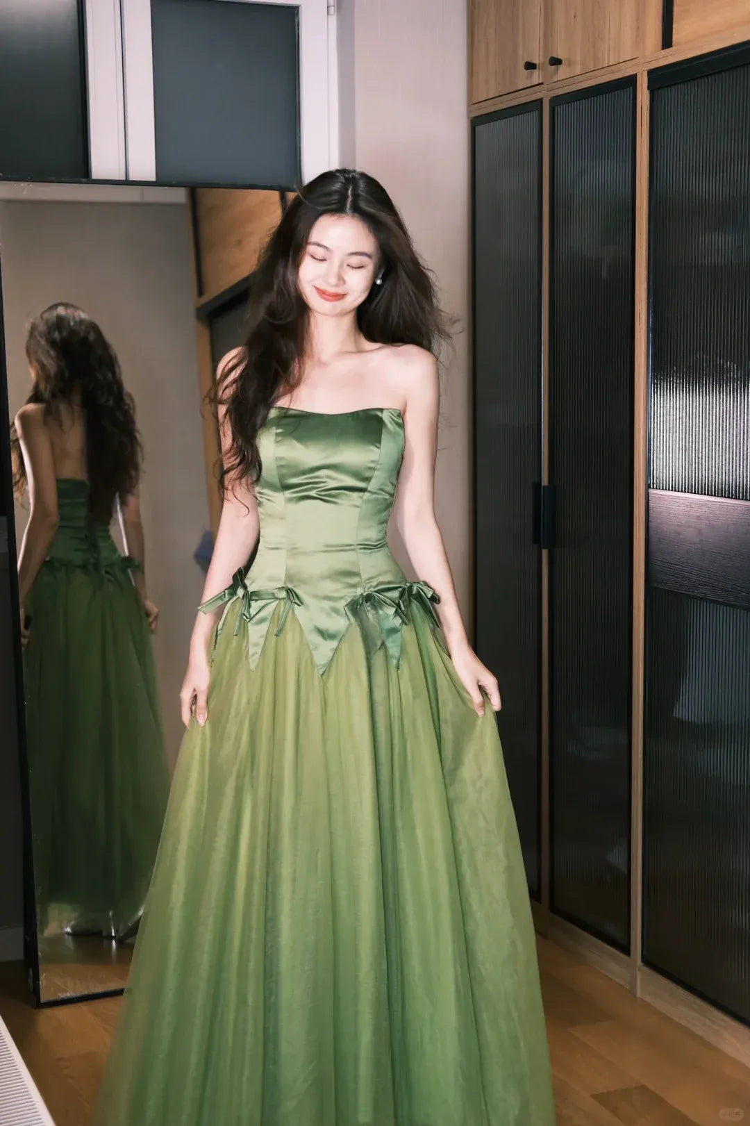 Forest Green Strapless Satin & Tulle Gown with Bow Accents