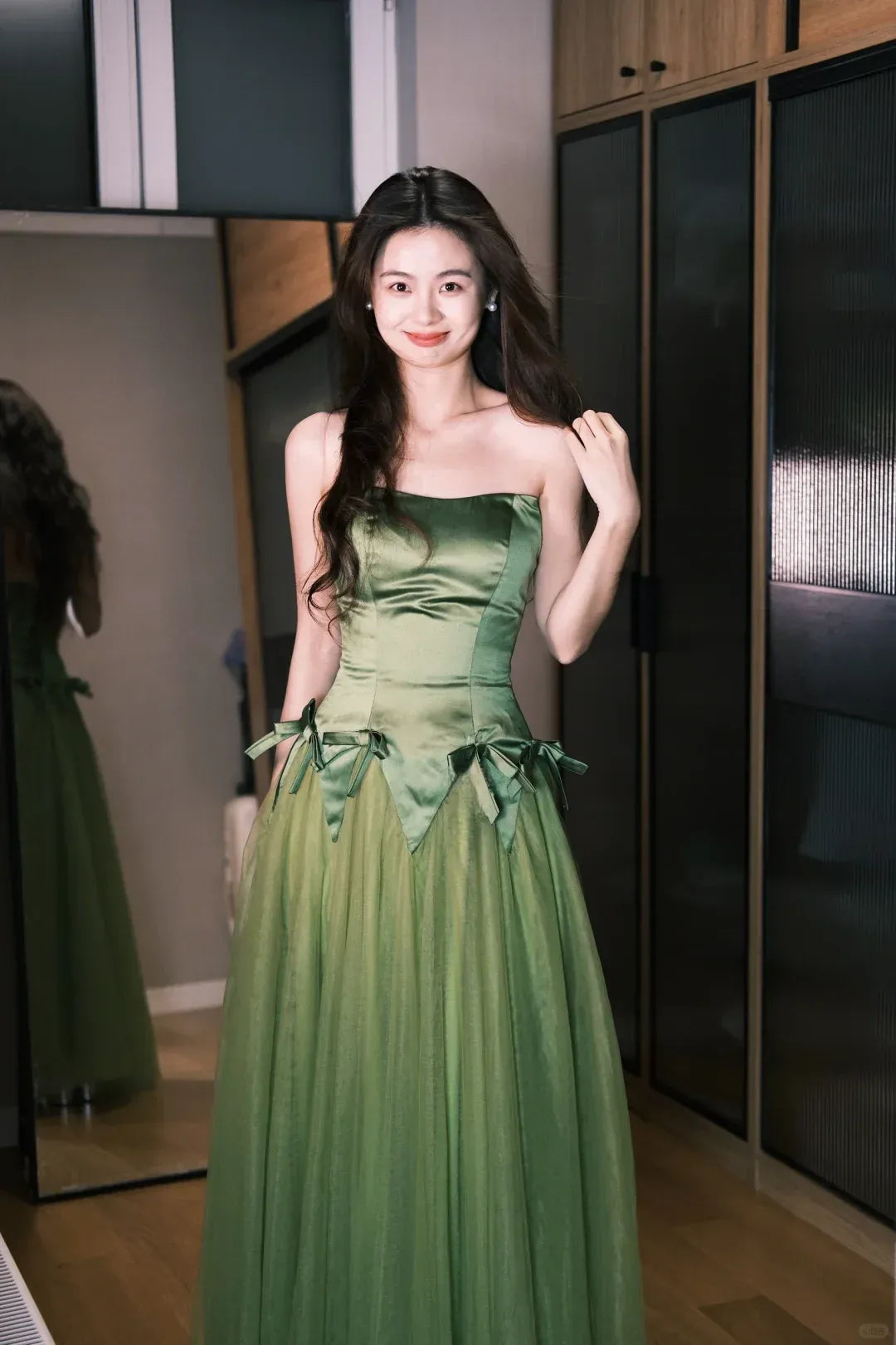 Forest Green Strapless Satin & Tulle Gown with Bow Accents