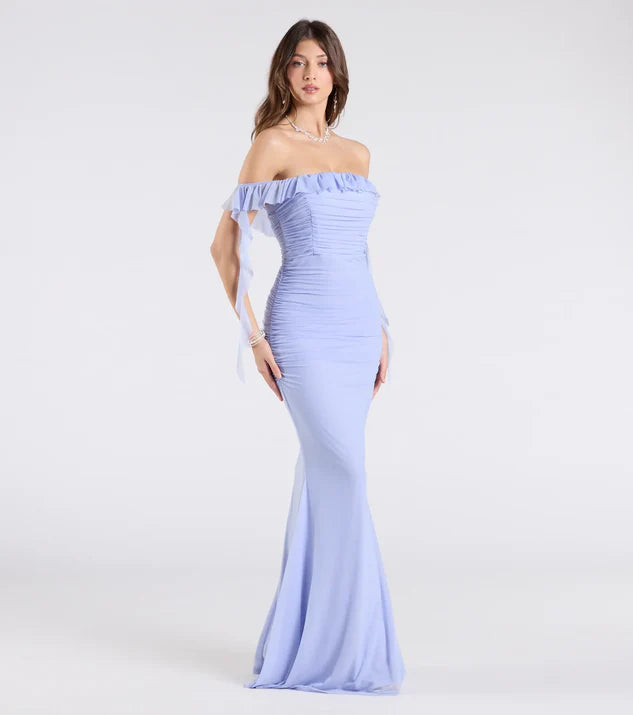 Formal Mesh Off-The-Shoulder Wrap The Buttocks Long Dress Evening Dress