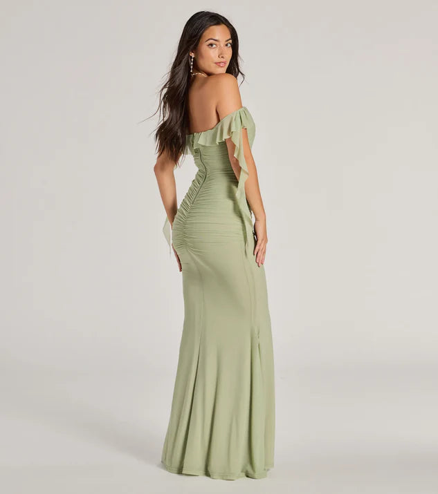 Formal Mesh Off-The-Shoulder Wrap The Buttocks Long Dress Evening Dress