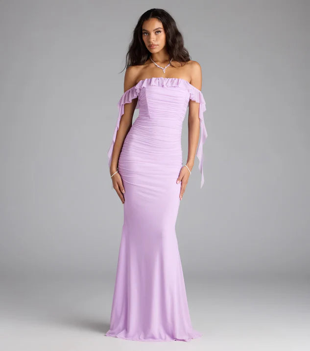 Formal Mesh Off-The-Shoulder Wrap The Buttocks Long Dress Evening Dress