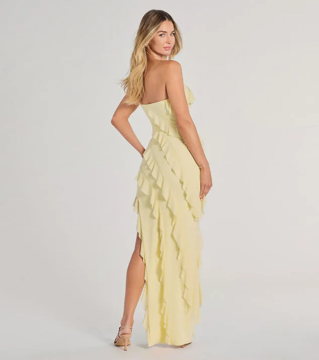 Formal Strapless Ruffle Split Fork Long Evening Dress