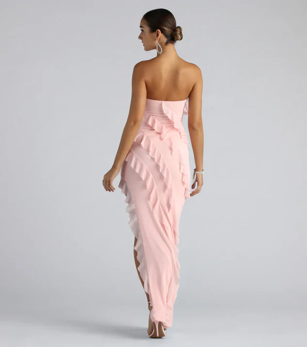 Formal Strapless Ruffle Split Fork Long Evening Dress