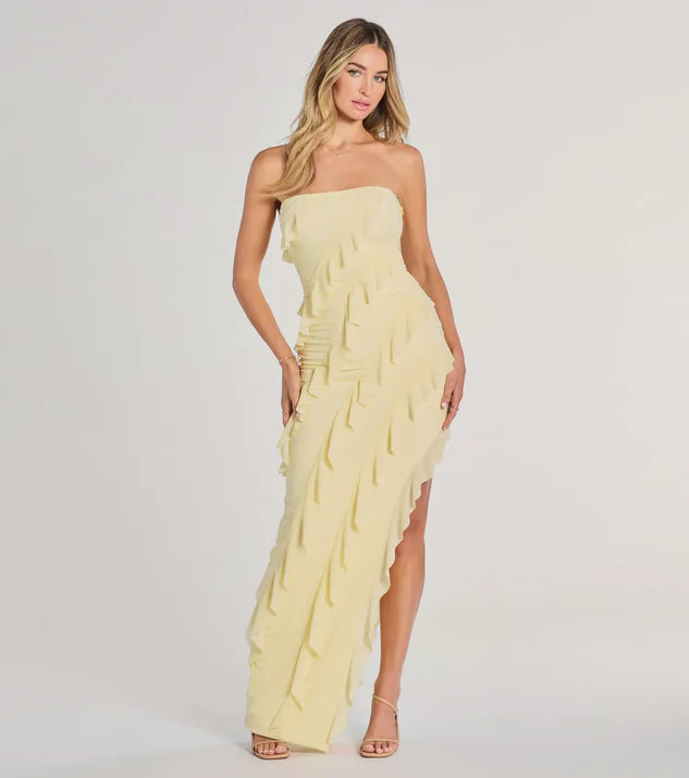 Formal Strapless Ruffle Split Fork Long Evening Dress