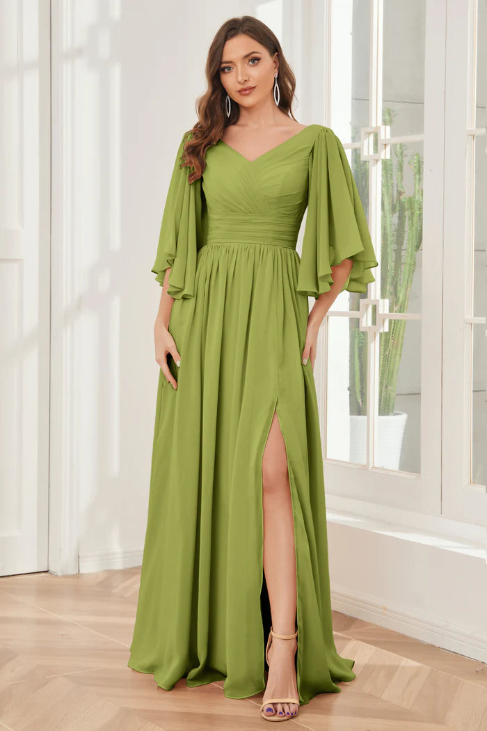 Fresh A-Line Deep V-Neck Flutter-Sleeve Lace-Up-Back Sage Chiffon Floor-Length Bridesmaid Dresses