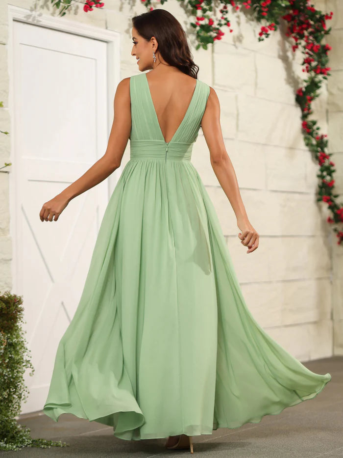 Fresh A-Line Deep-V Sleeveless Plunge-Back High-Slit Floor-Length Bridesmaid Dresses