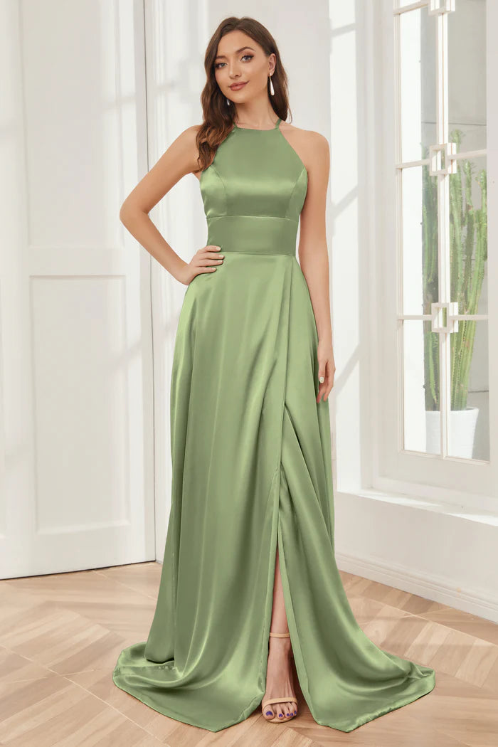 Fresh A-Line Halter-Neck Cross-Back Sage Satin Train Floor-Length Bridesmaid Dresses