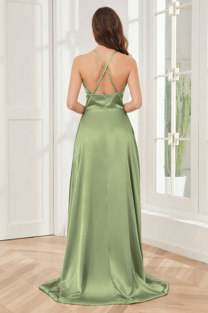 Fresh A-Line Halter-Neck Cross-Back Sage Satin Train Floor-Length Bridesmaid Dresses