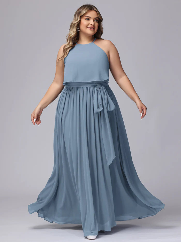 Plus Size Fresh A-Line Halter-Neck Sleeveless Closed-Back Slate Blue Chiffon Floor-Length Bridesmaid Dresses