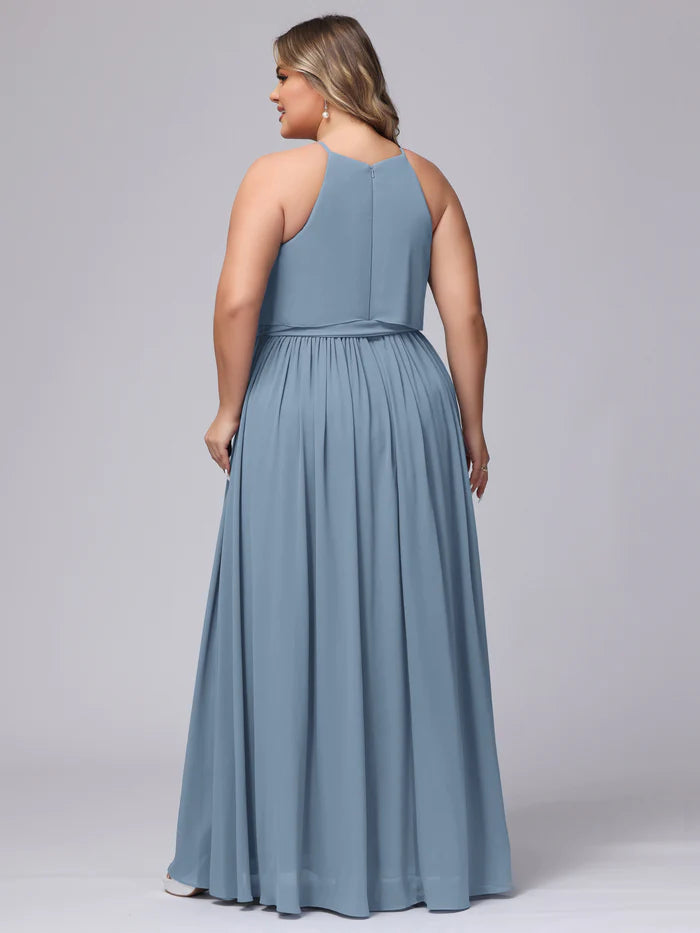 Plus Size Fresh A-Line Halter-Neck Sleeveless Closed-Back Slate Blue Chiffon Floor-Length Bridesmaid Dresses