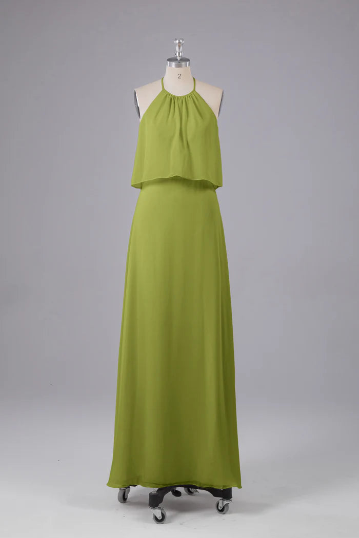 Fresh A-Line Halter-Neck Sleeveless Keyhole-Back Olive Chiffon Floor-Length Bridesmaid Dresses