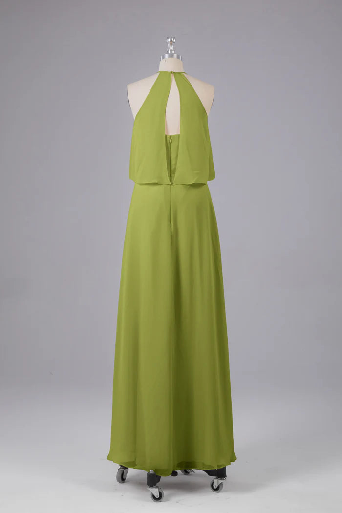 Fresh A-Line Halter-Neck Sleeveless Keyhole-Back Olive Chiffon Floor-Length Bridesmaid Dresses