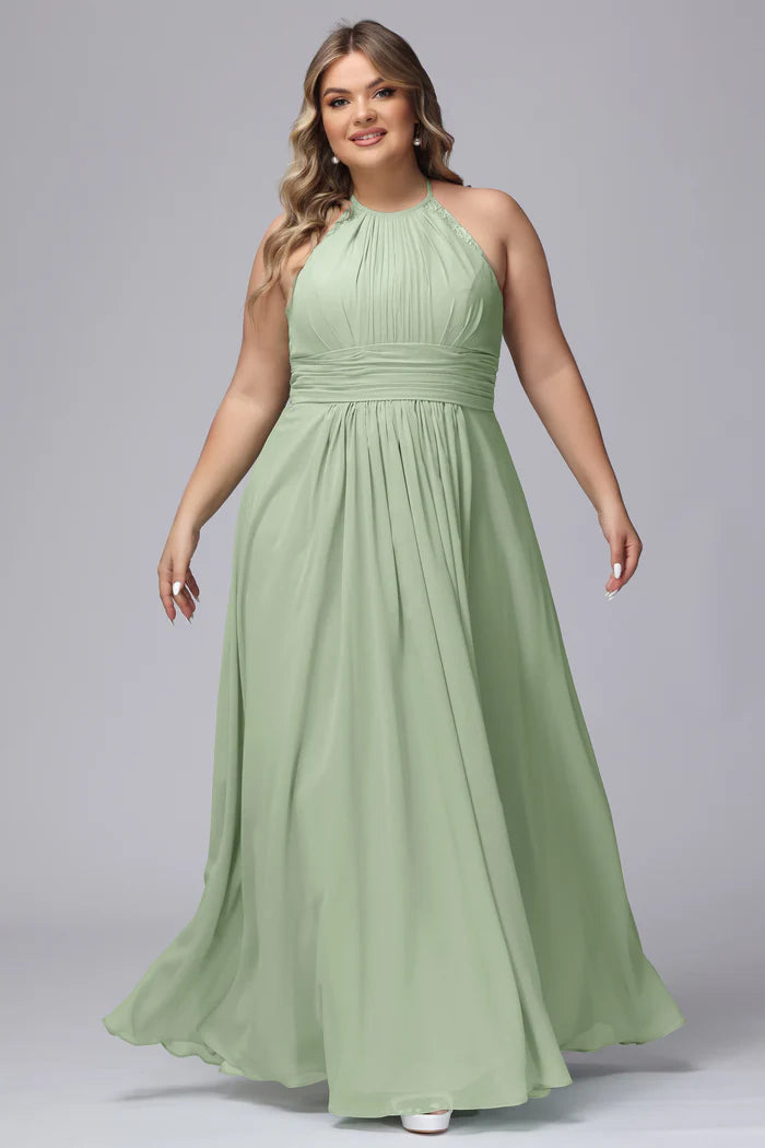 Plus Size Fresh A-Line Halter-Neck Sleeveless Lace-Keyhole-Back Sage Chiffon Floor-Length Bridesmaid Dresses