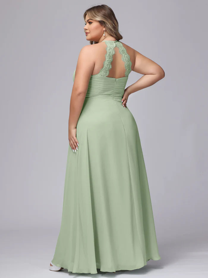 Plus Size Fresh A-Line Halter-Neck Sleeveless Lace-Keyhole-Back Sage Chiffon Floor-Length Bridesmaid Dresses