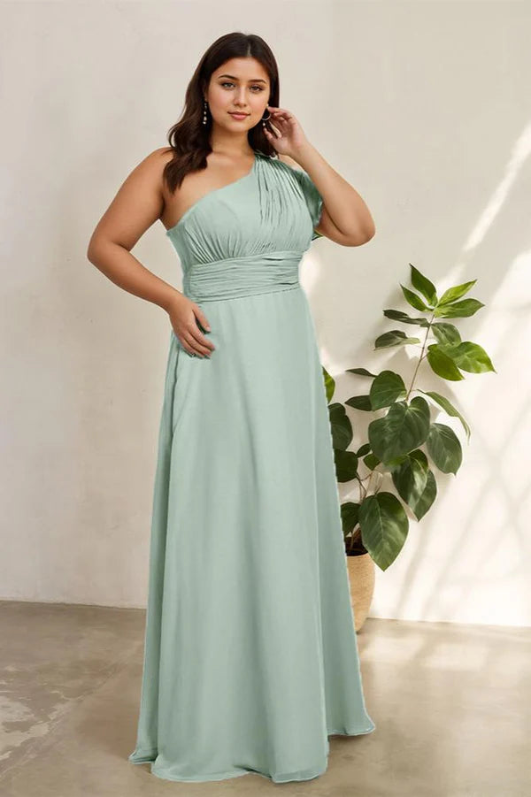 Plus Size Fresh A-Line One-Shoulder Flutter-Sleeve Bow-Back Floor-Length Bridesmaid Dresses