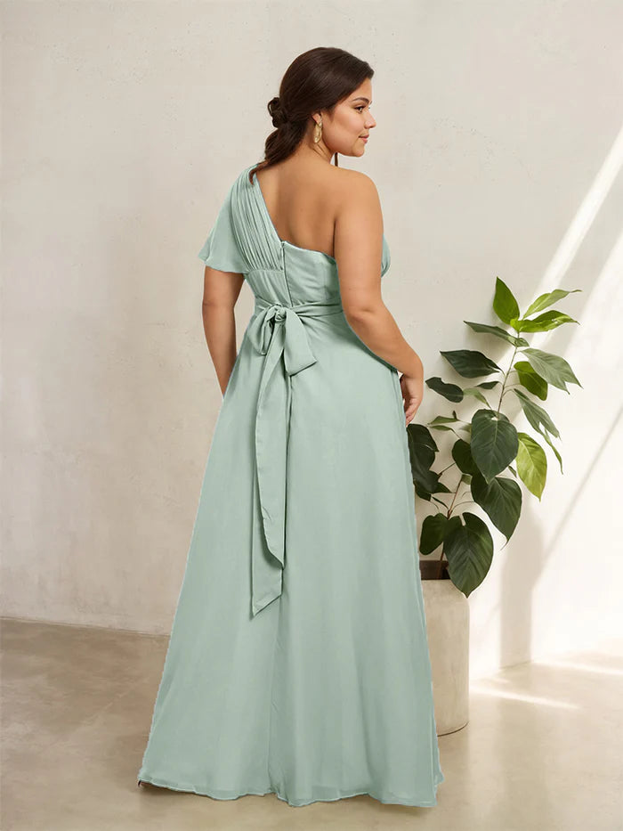 Plus Size Fresh A-Line One-Shoulder Flutter-Sleeve Bow-Back Floor-Length Bridesmaid Dresses