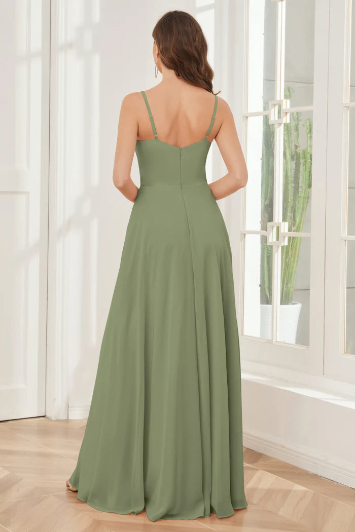 Fresh A-Line Sweetheart Spaghetti-Strap Closed-Back Sage Chiffon Floor-Length Bridesmaid Dresses