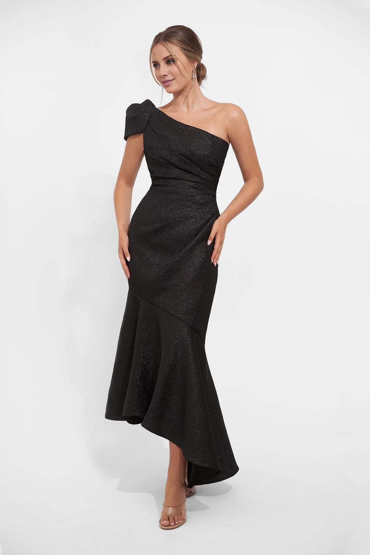 Fresh One Shoulder Fanny Metallic Jacquard Asymmetrical Gown with Gathered Bodice and Angled Hemline Mother of the Bride Dresses