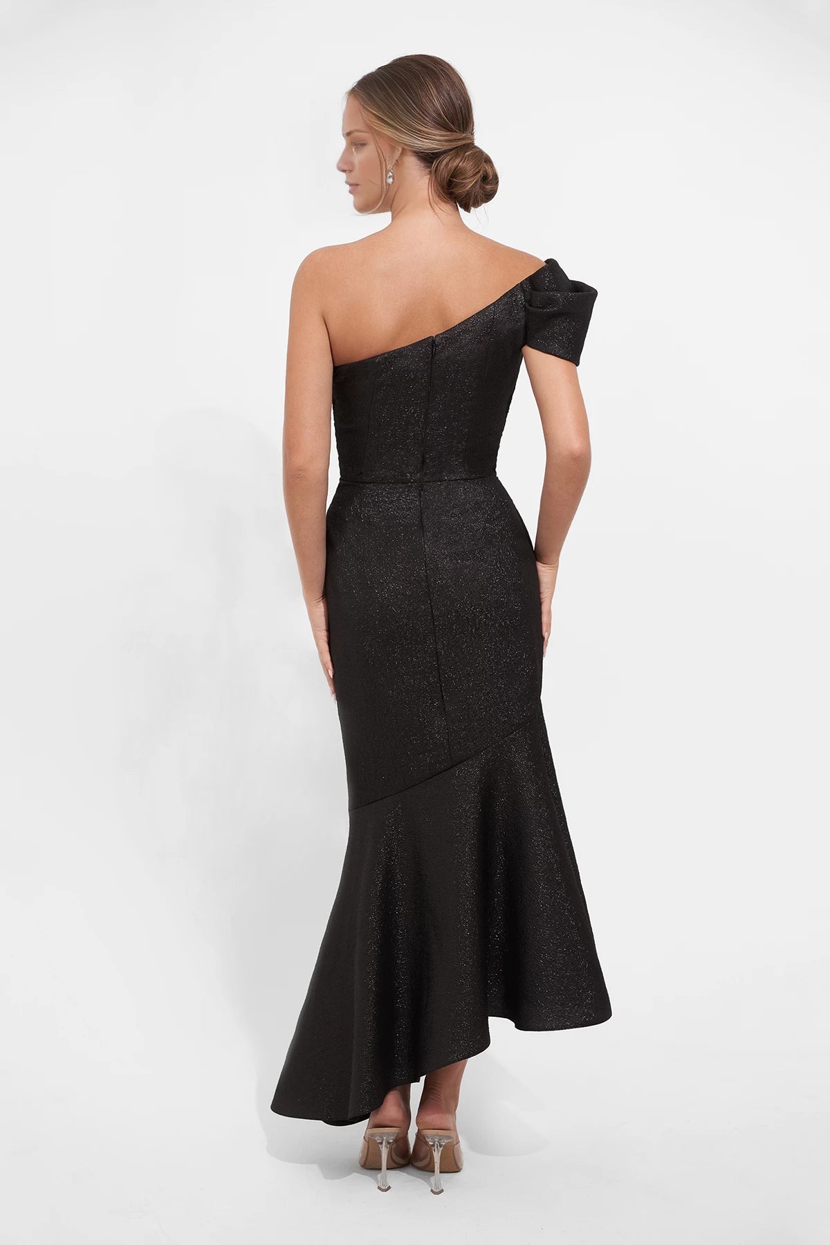 Fresh One Shoulder Fanny Metallic Jacquard Asymmetrical Gown with Gathered Bodice and Angled Hemline Mother of the Bride Dresses