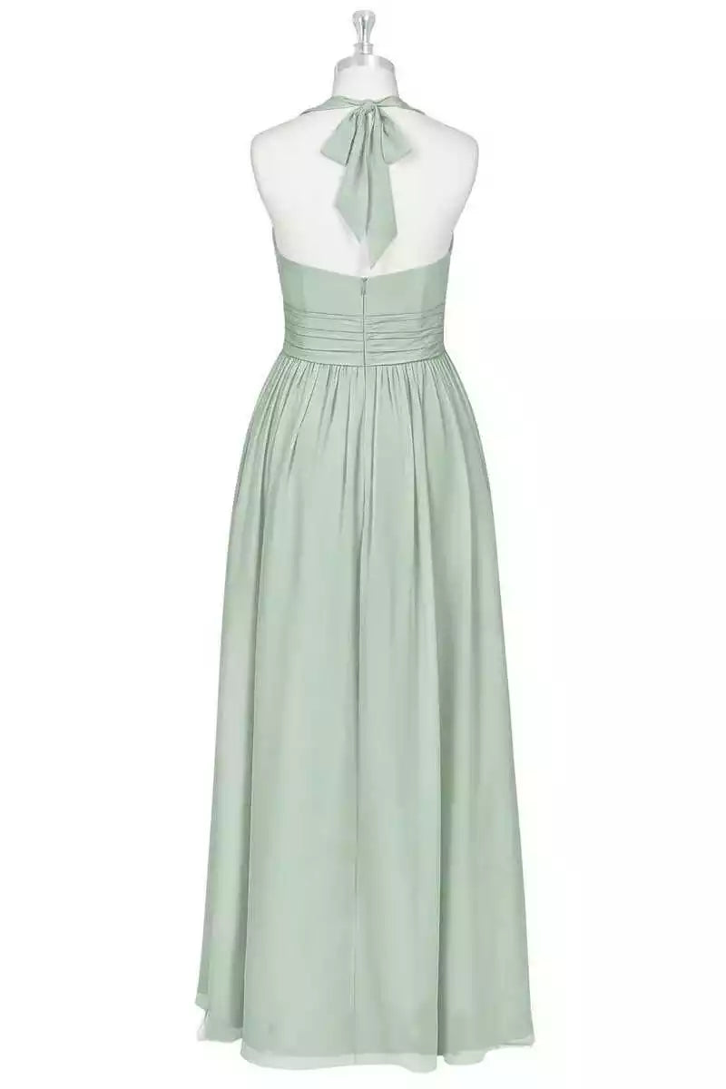 Fresh Sage Green Chiffon Gown with Halter Neck & Ruched Bodice