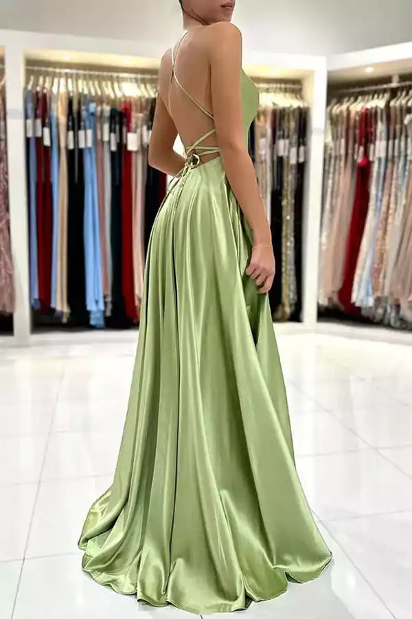 Fresh Sage Green Satin Gown with Crisscross Back & High Slit