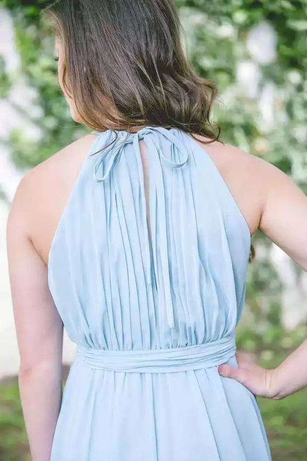 Fresh Sky Blue Halter Gown with Ruched Bodice & High-Slit Skirt
