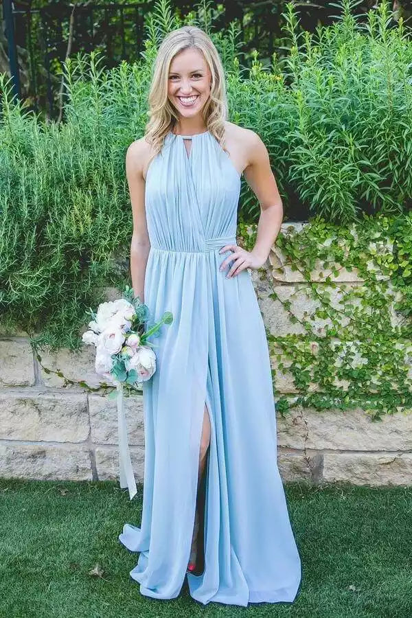Fresh Sky Blue Halter Gown with Ruched Bodice & High-Slit Skirt