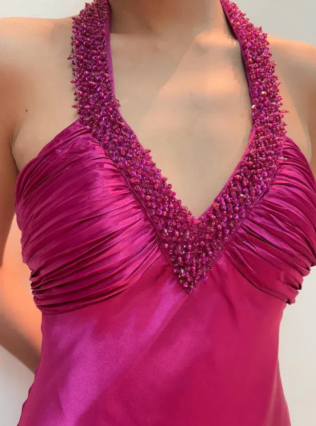 Fuchsia Halter Neck Beaded Satin Mermaid Maxi Gown