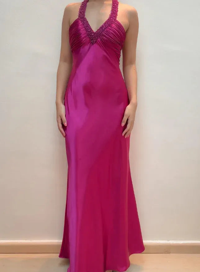 Fuchsia Halter Neck Beaded Satin Mermaid Maxi Gown