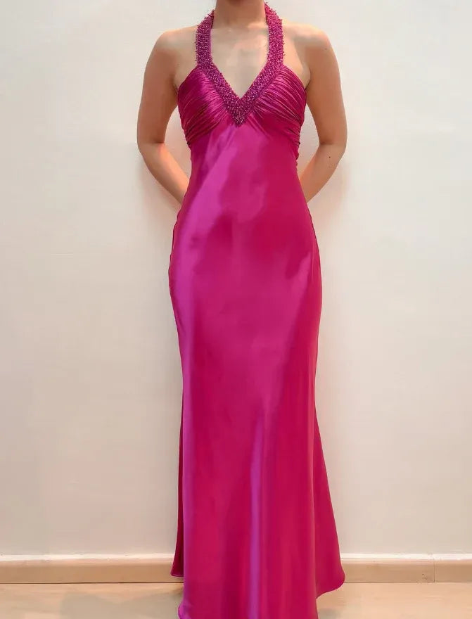 Fuchsia Halter Neck Beaded Satin Mermaid Maxi Gown