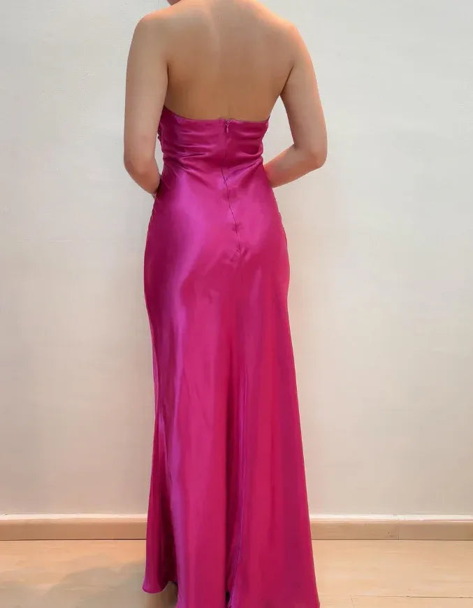 Fuchsia Halter Neck Beaded Satin Mermaid Maxi Gown