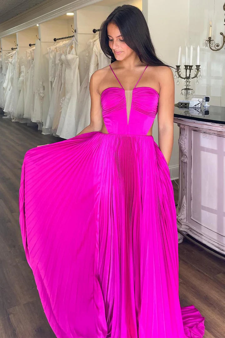 Fuchsia Pleated Prom Dress with Bow Back