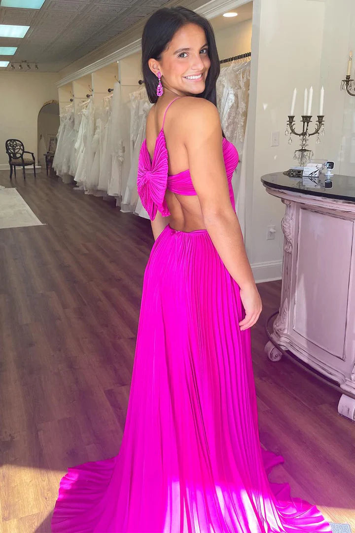 Fuchsia Pleated Prom Dress with Bow Back